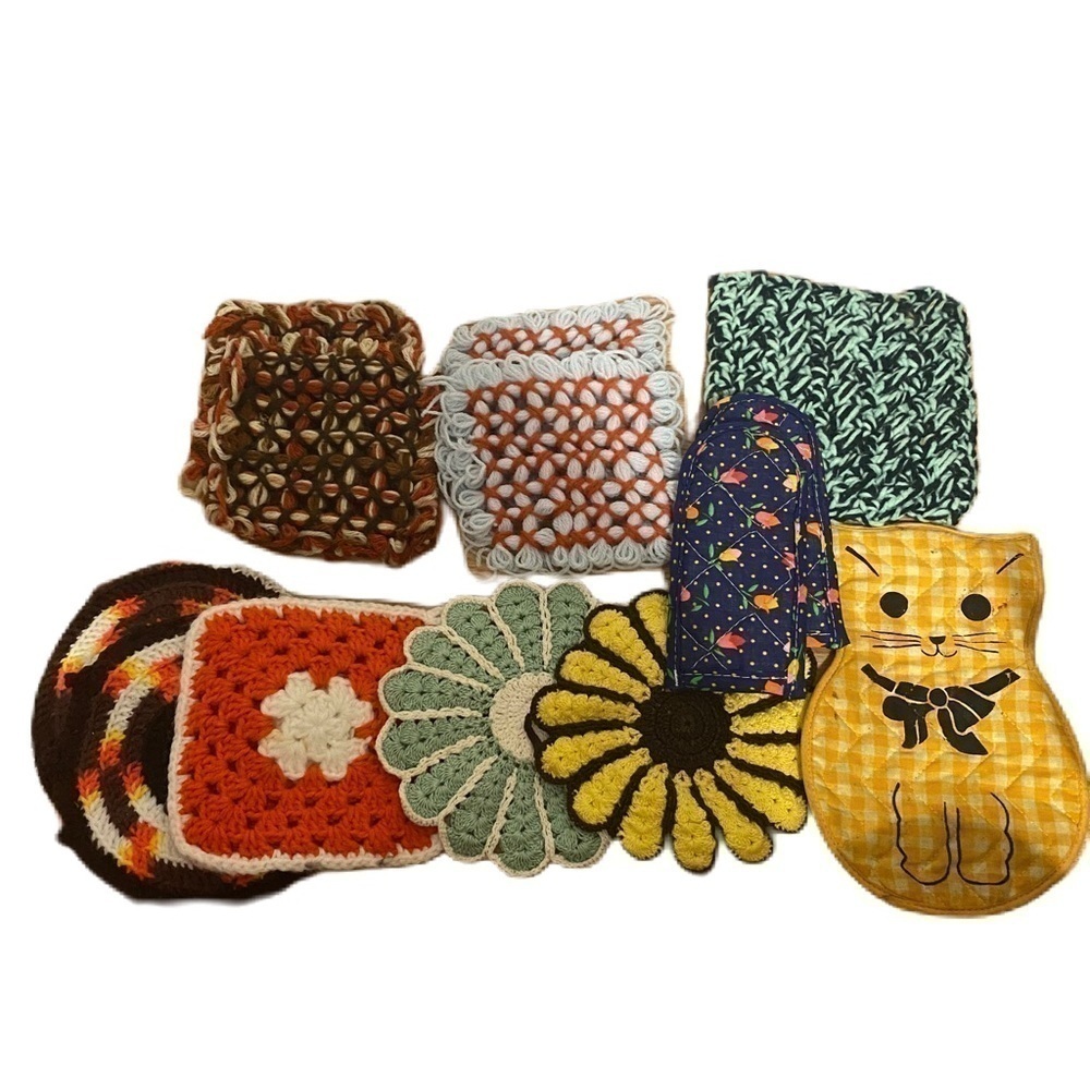 Vintage Pot Holder Bundle Lot MCM Cat Sunflower Flower Crochet Knit Colorful